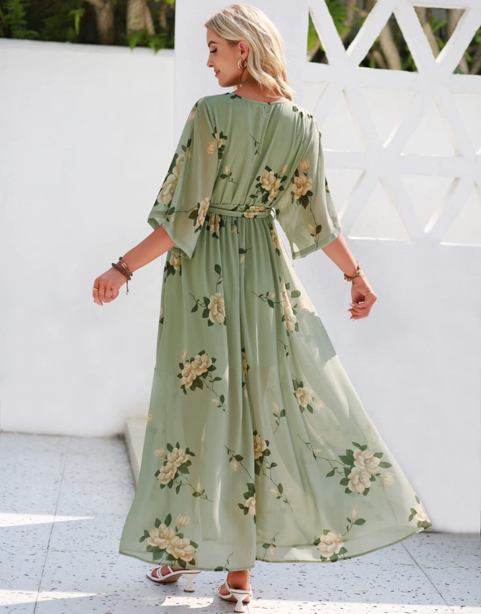 ANRABESS Floral Print Kimono Wrap V-Neck Long Dress