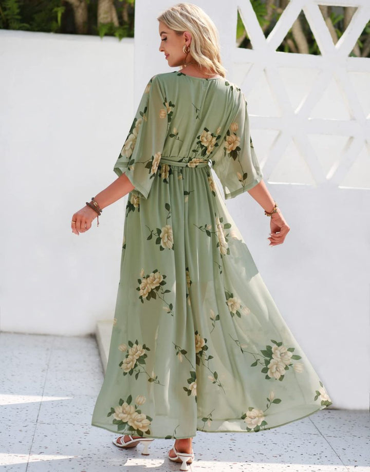 ANRABESS Floral Print Kimono Wrap V-Neck Long Dress