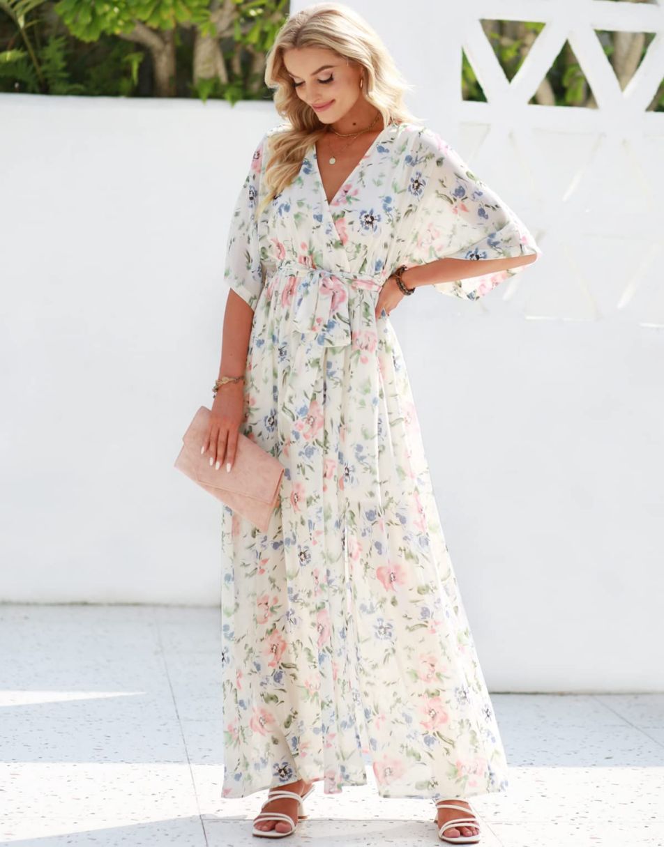 ANRABESS Floral Print Kimono Wrap V-Neck Long Dress