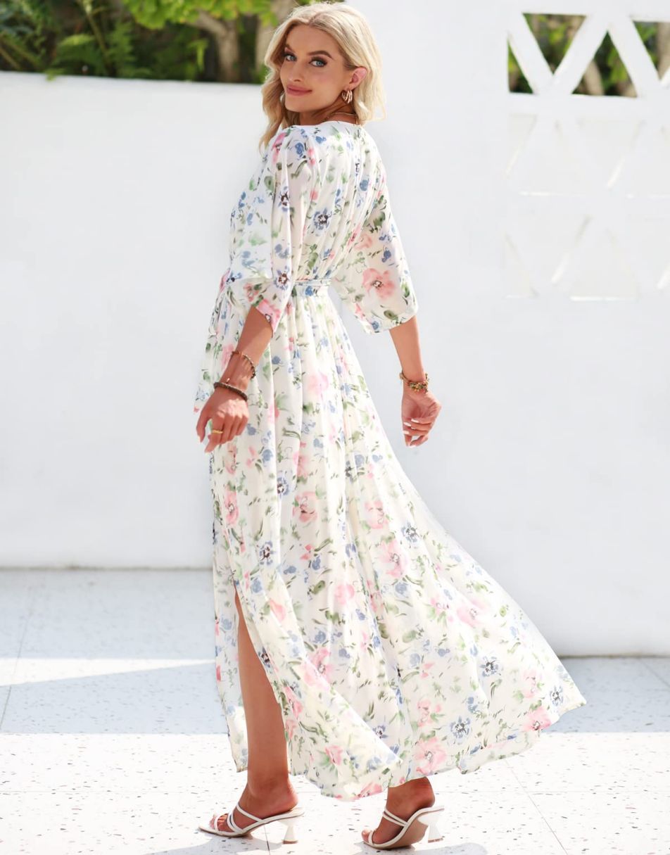 ANRABESS Floral Print Kimono Wrap V-Neck Long Dress