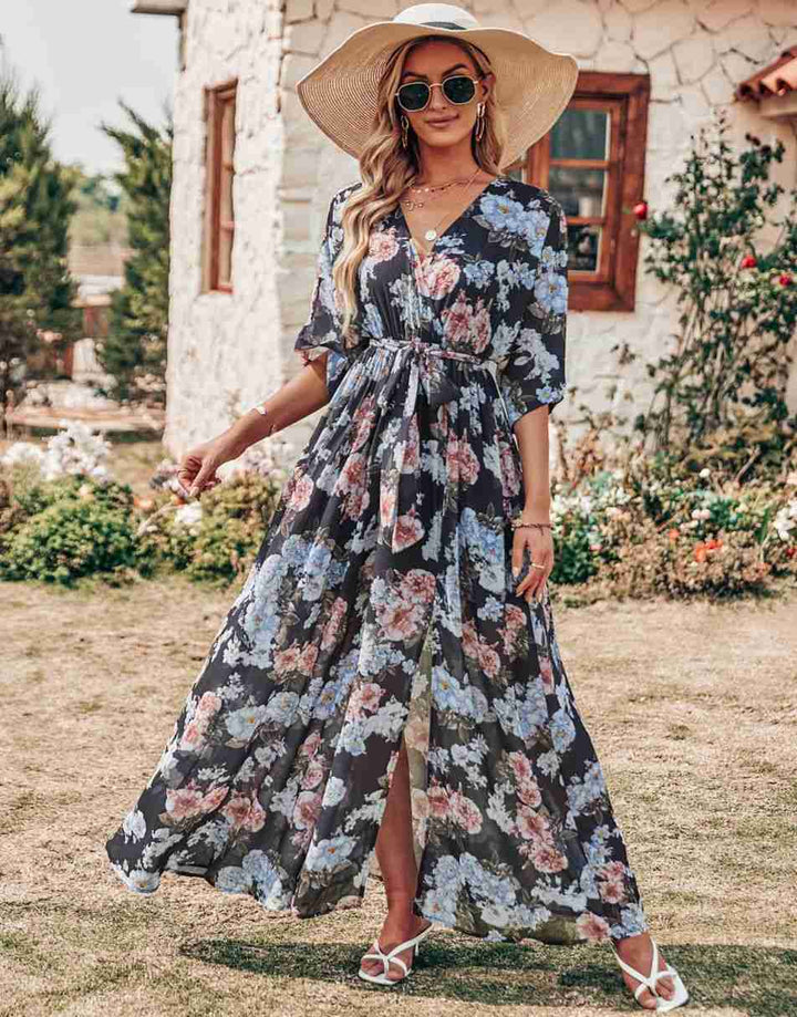 ANRABESS Floral Print Kimono Wrap V-Neck Long Dress