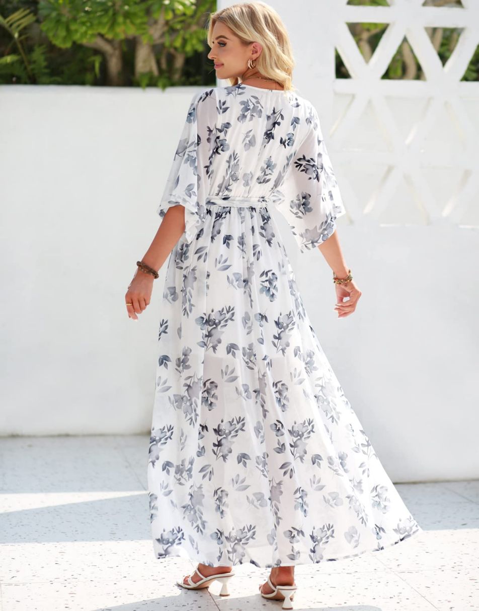 ANRABESS Floral Print Kimono Wrap V-Neck Long Dress