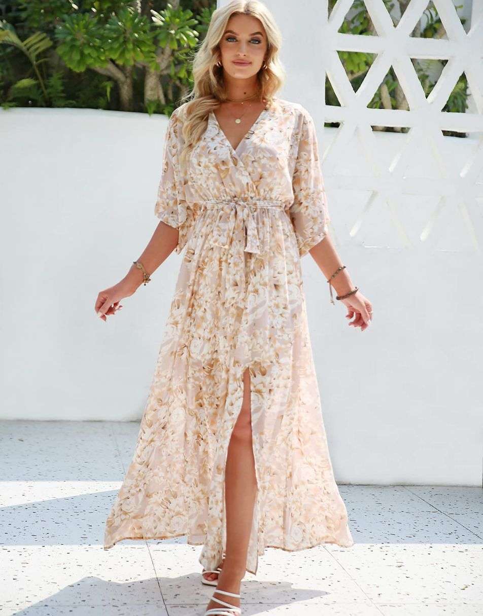 ANRABESS Floral Print Kimono Wrap V-Neck Long Dress