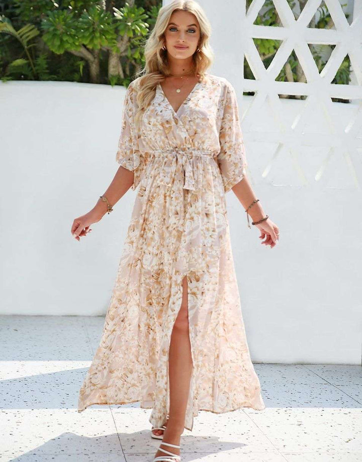 ANRABESS Floral Print Kimono Wrap V-Neck Long Dress