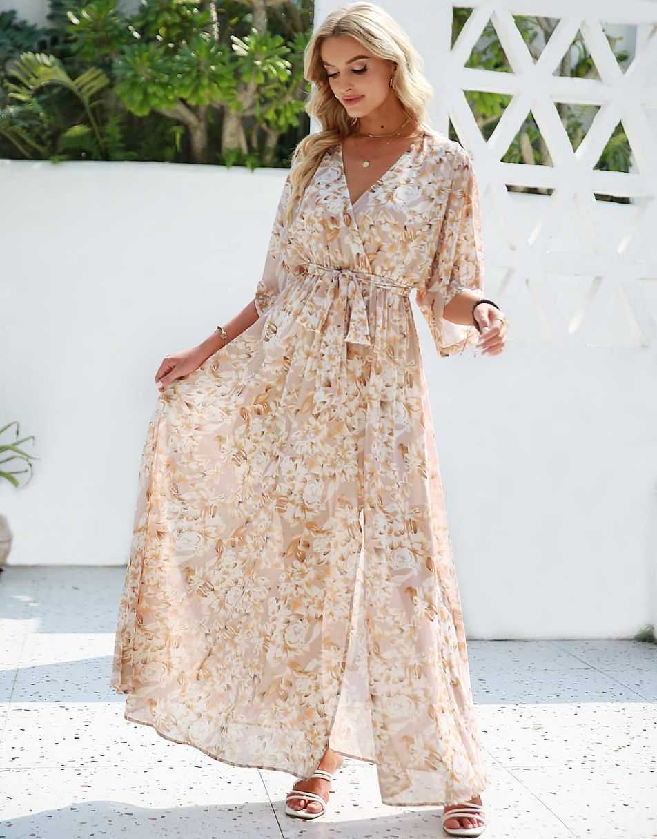 ANRABESS Floral Print Kimono Wrap V-Neck Long Dress
