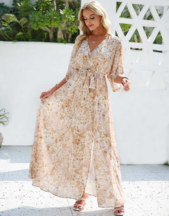 ANRABESS Floral Print Kimono Wrap V-Neck Long Dress