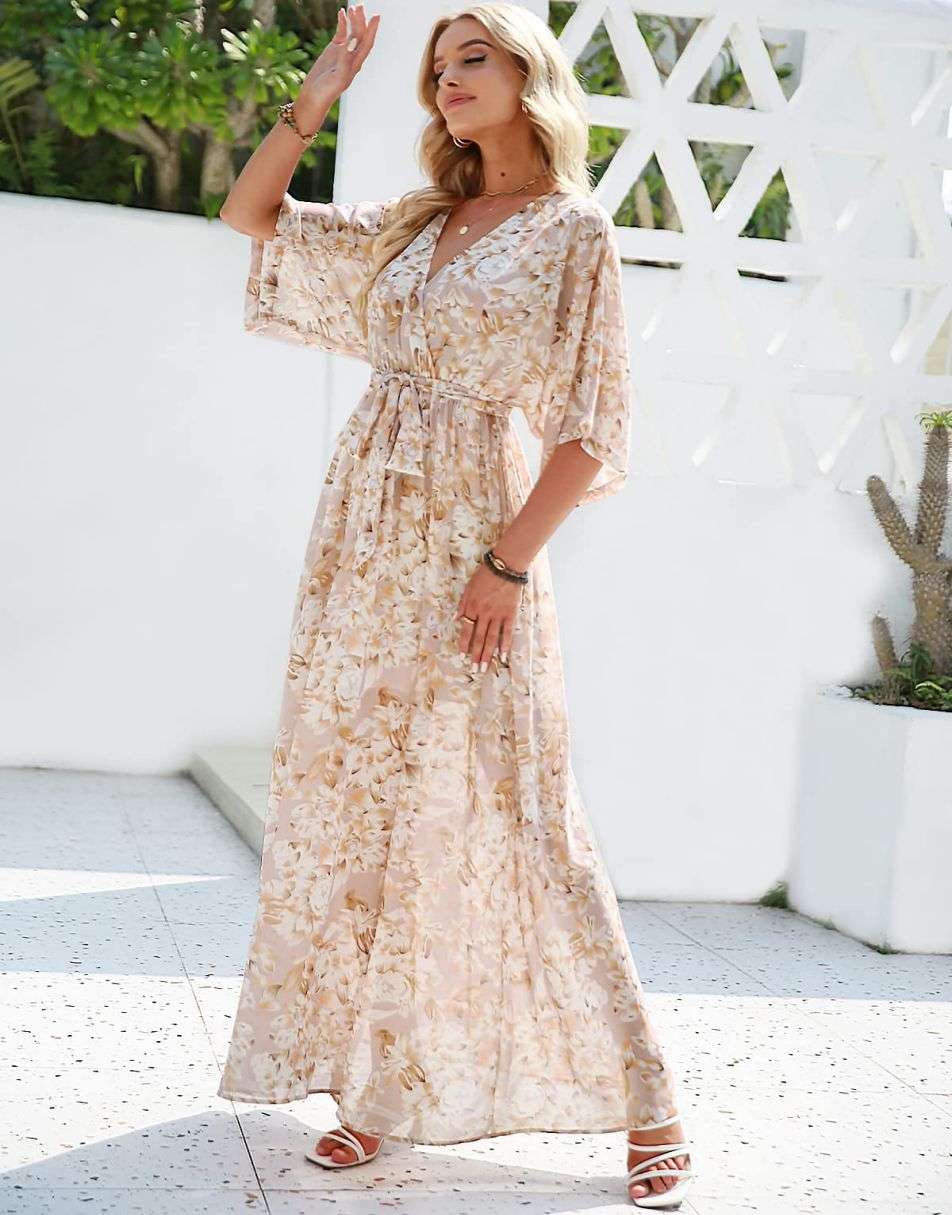 ANRABESS Floral Print Kimono Wrap V-Neck Long Dress