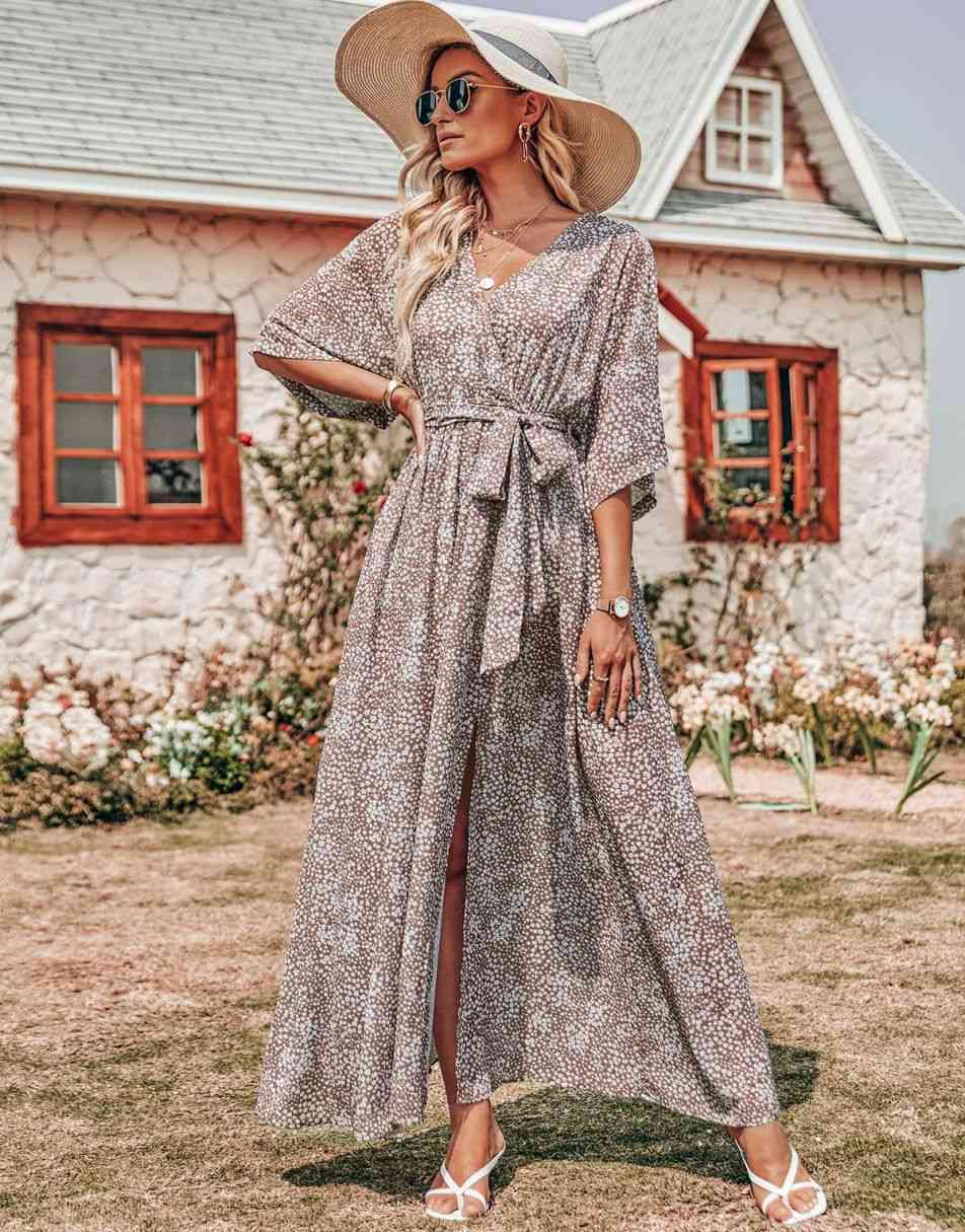 ANRABESS Floral Print Kimono Wrap V-Neck Long Dress