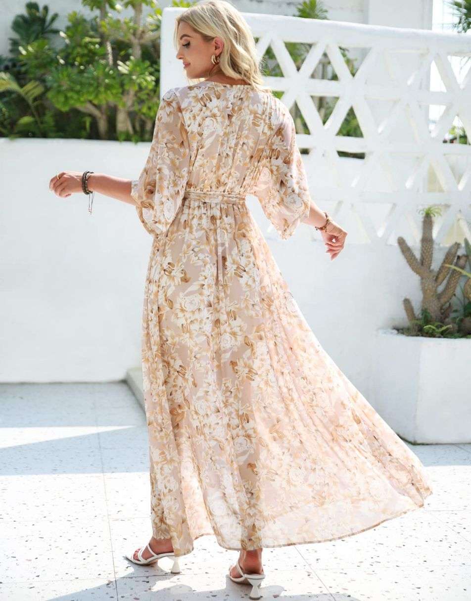 ANRABESS Floral Print Kimono Wrap V-Neck Long Dress