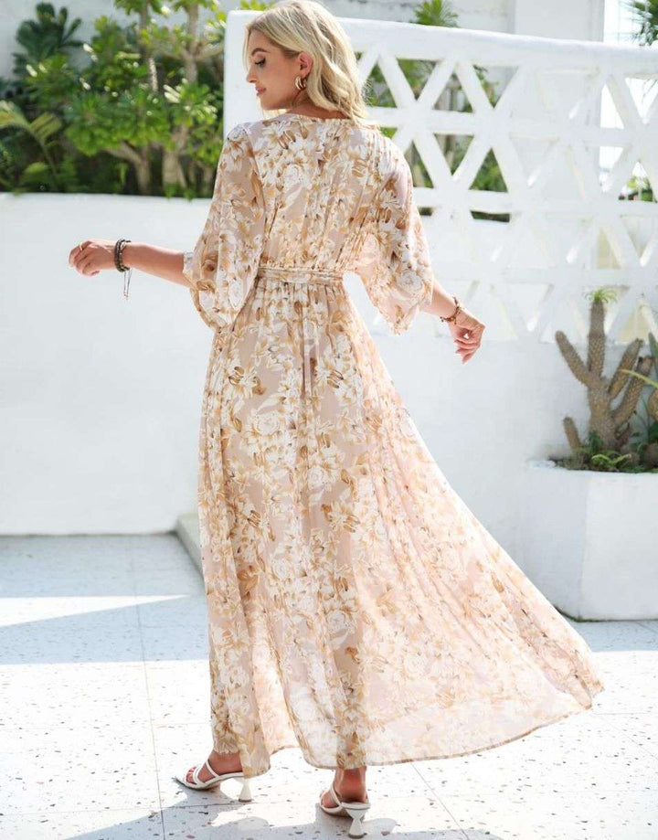 ANRABESS Floral Print Kimono Wrap V-Neck Long Dress