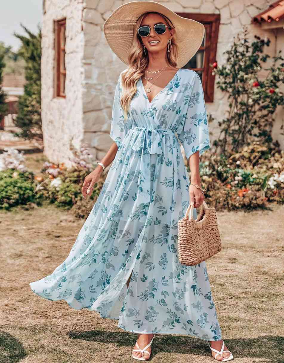 ANRABESS Floral Print Kimono Wrap V-Neck Long Dress