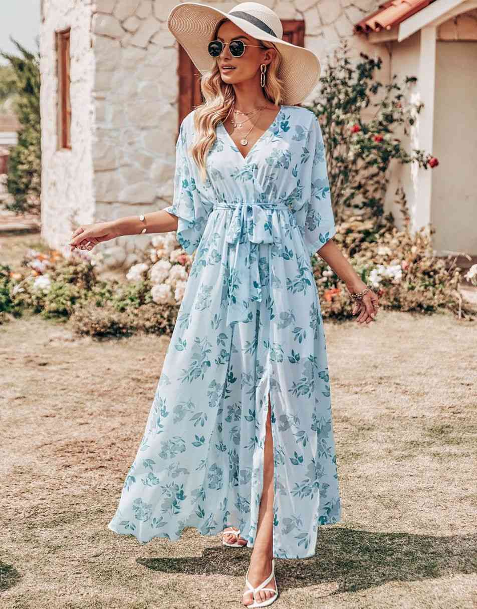 ANRABESS Floral Print Kimono Wrap V-Neck Long Dress