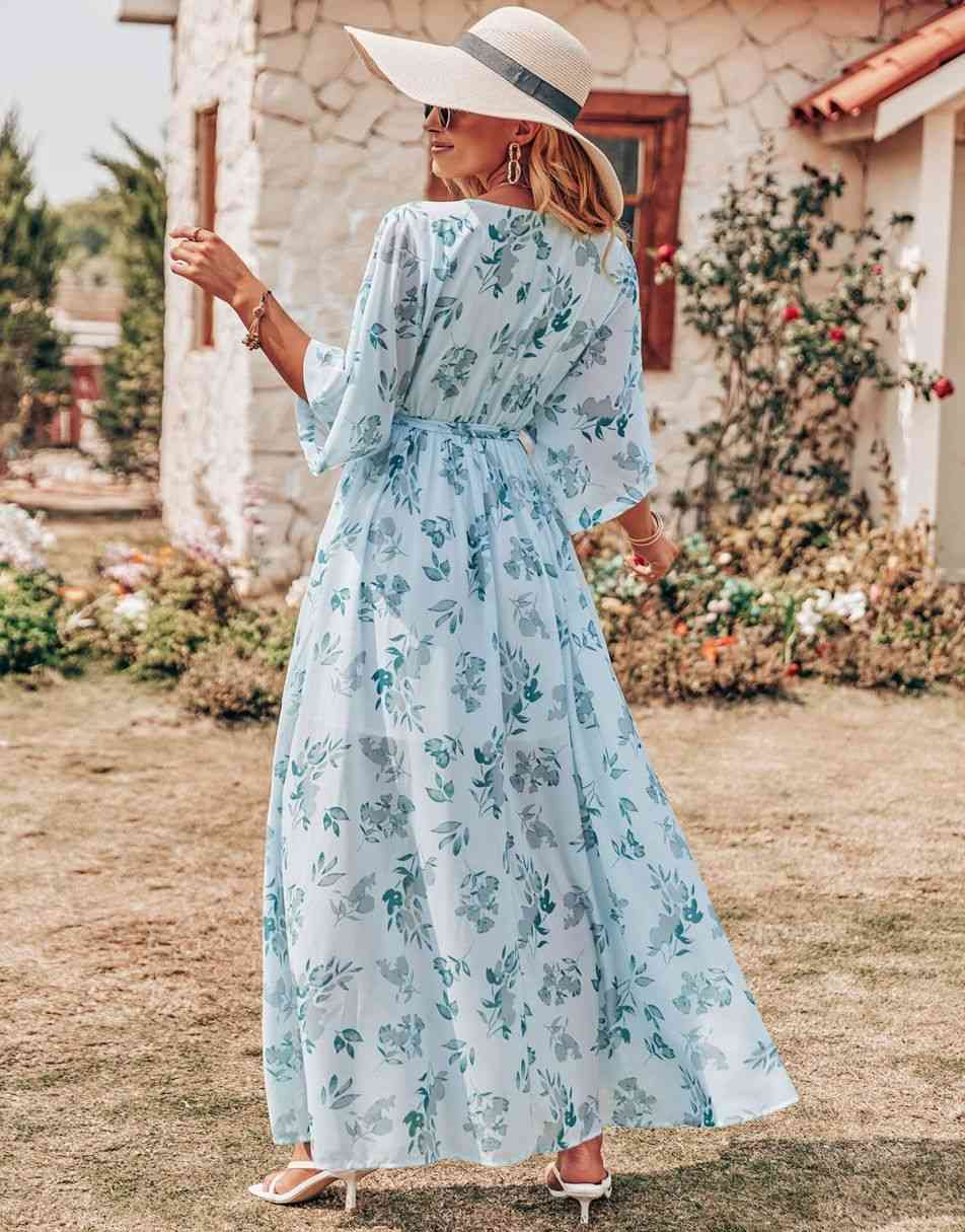 ANRABESS Floral Print Kimono Wrap V-Neck Long Dress