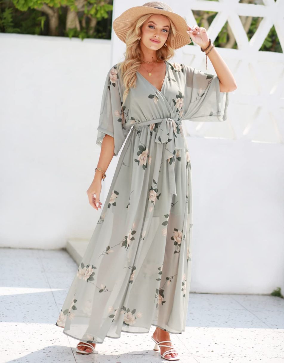 ANRABESS Floral Print Kimono Wrap V-Neck Long Dress