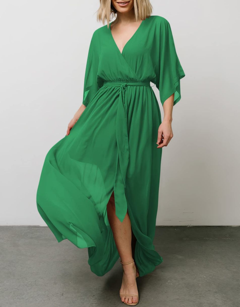 ANRABESS Floral Print Kimono Wrap V-Neck Long Dress