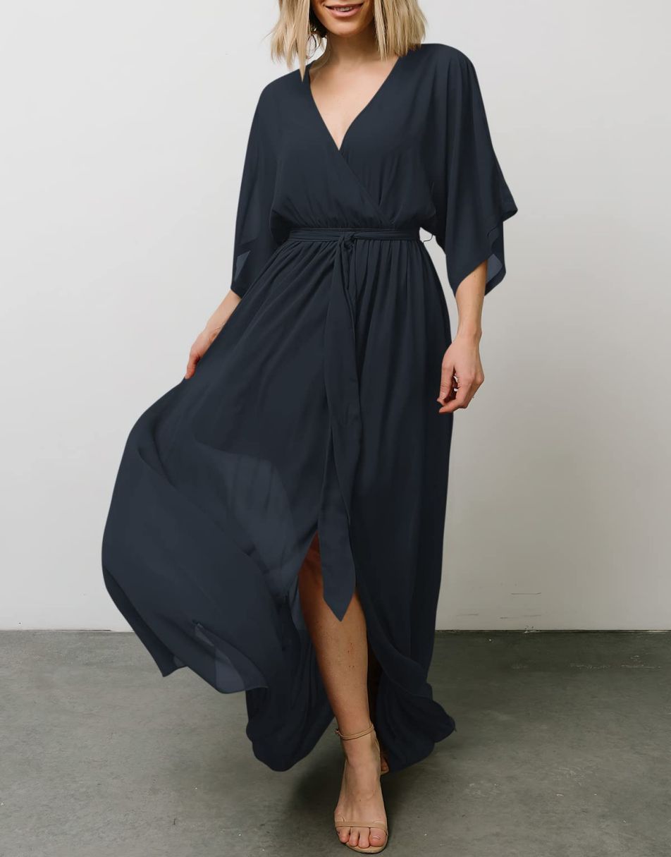 ANRABESS Floral Print Kimono Wrap V-Neck Long Dress