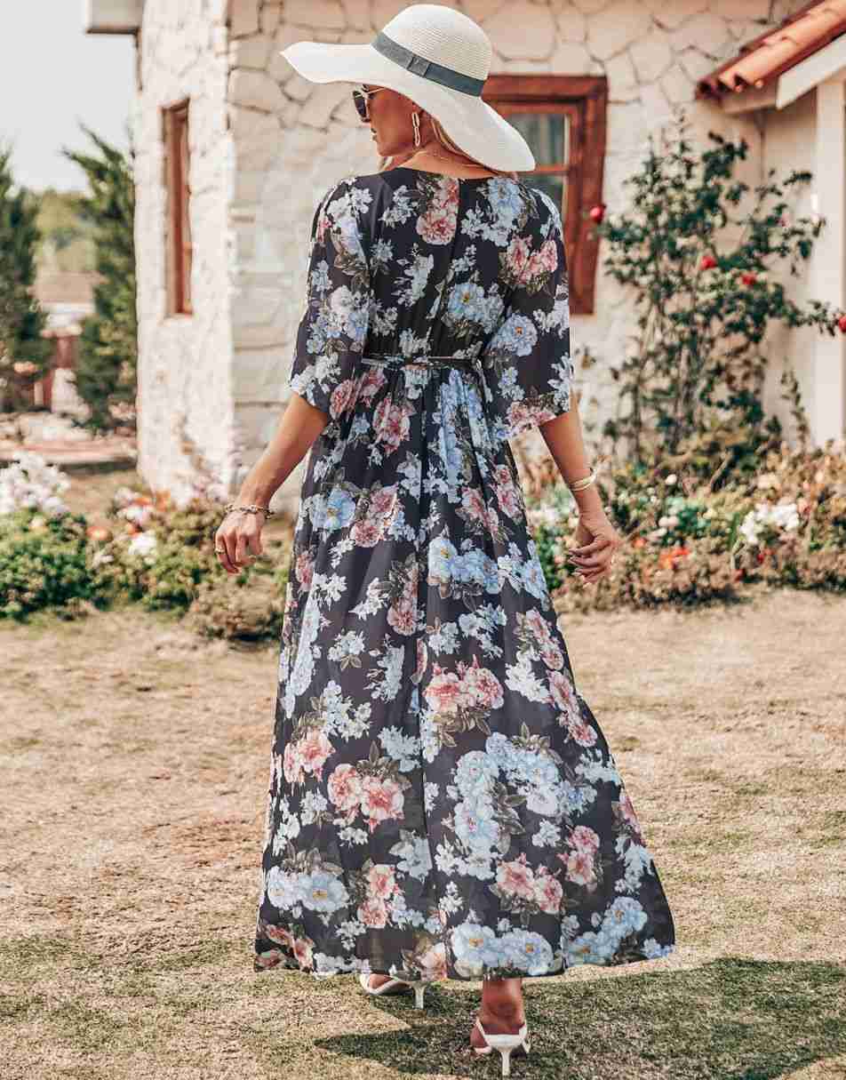 ANRABESS Floral Print Kimono Wrap V-Neck Long Dress