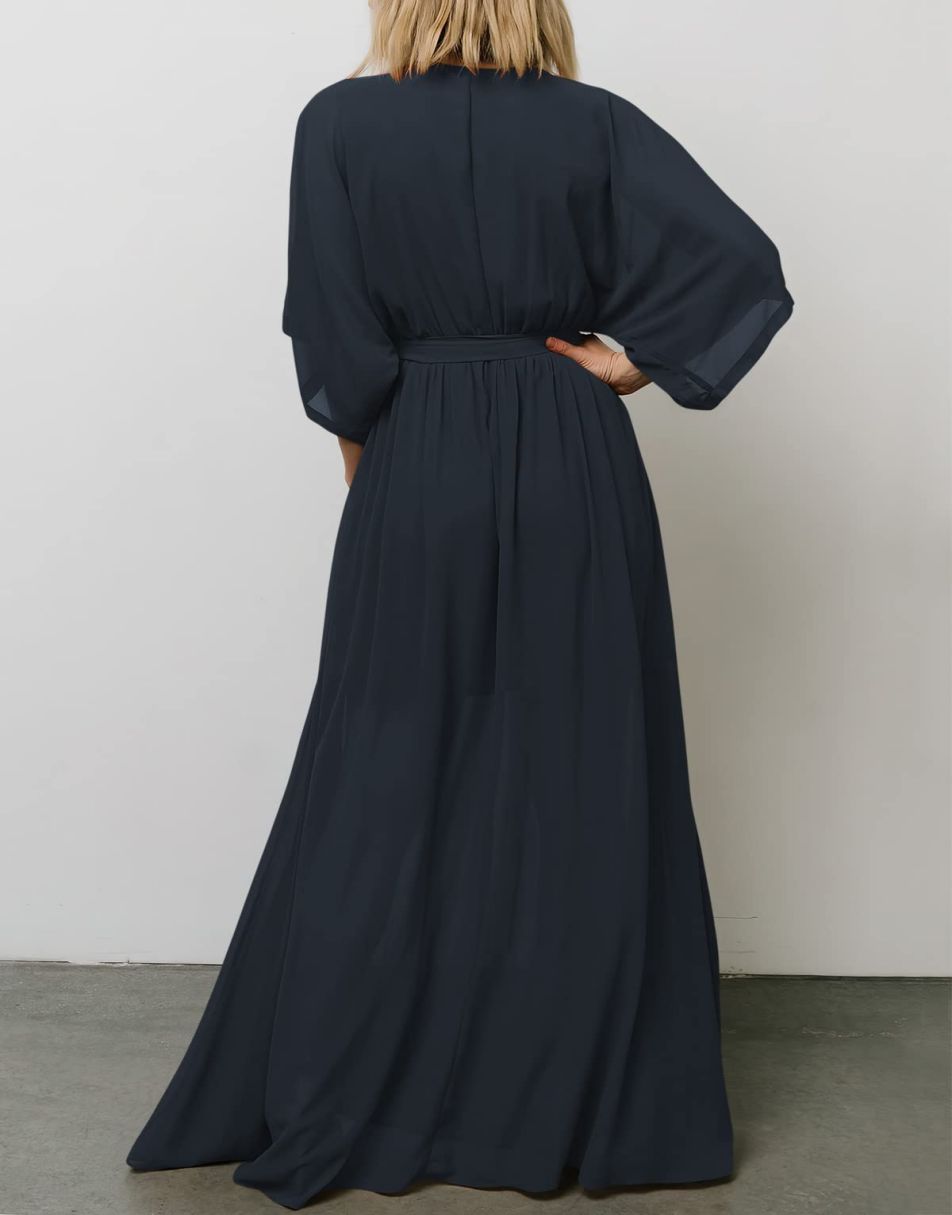 ANRABESS Floral Print Kimono Wrap V-Neck Long Dress