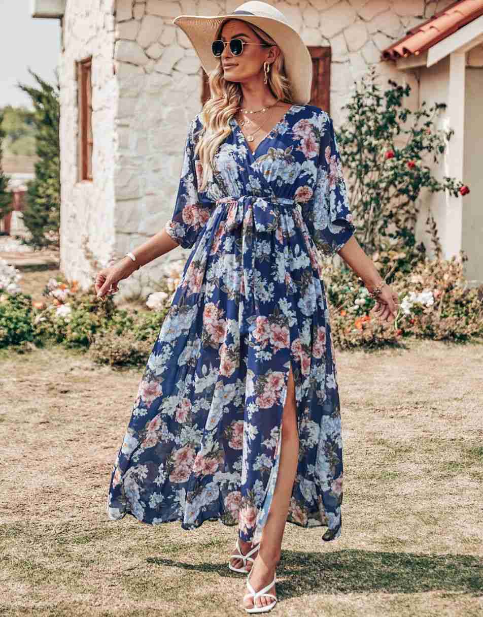 ANRABESS Floral Print Kimono Wrap V-Neck Long Dress