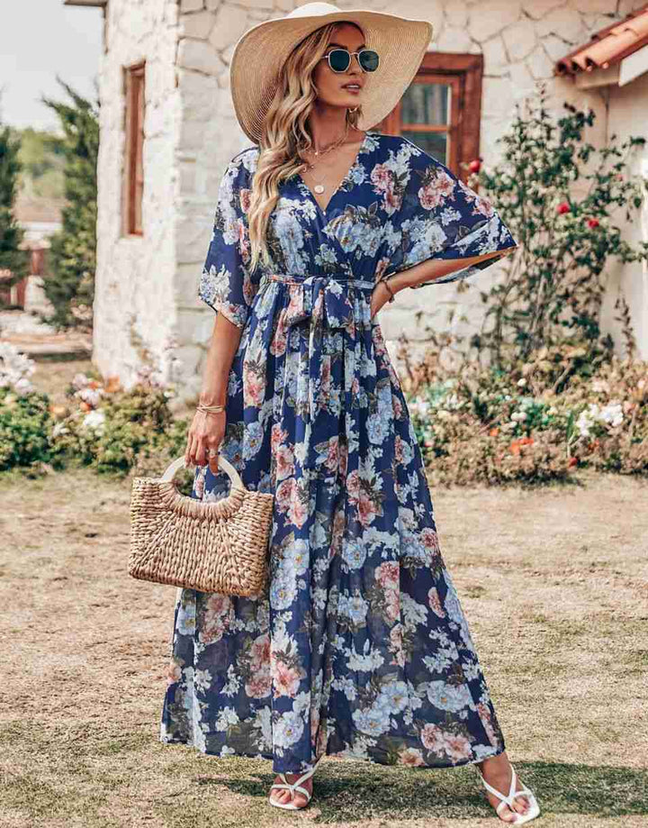 ANRABESS Floral Print Kimono Wrap V-Neck Long Dress