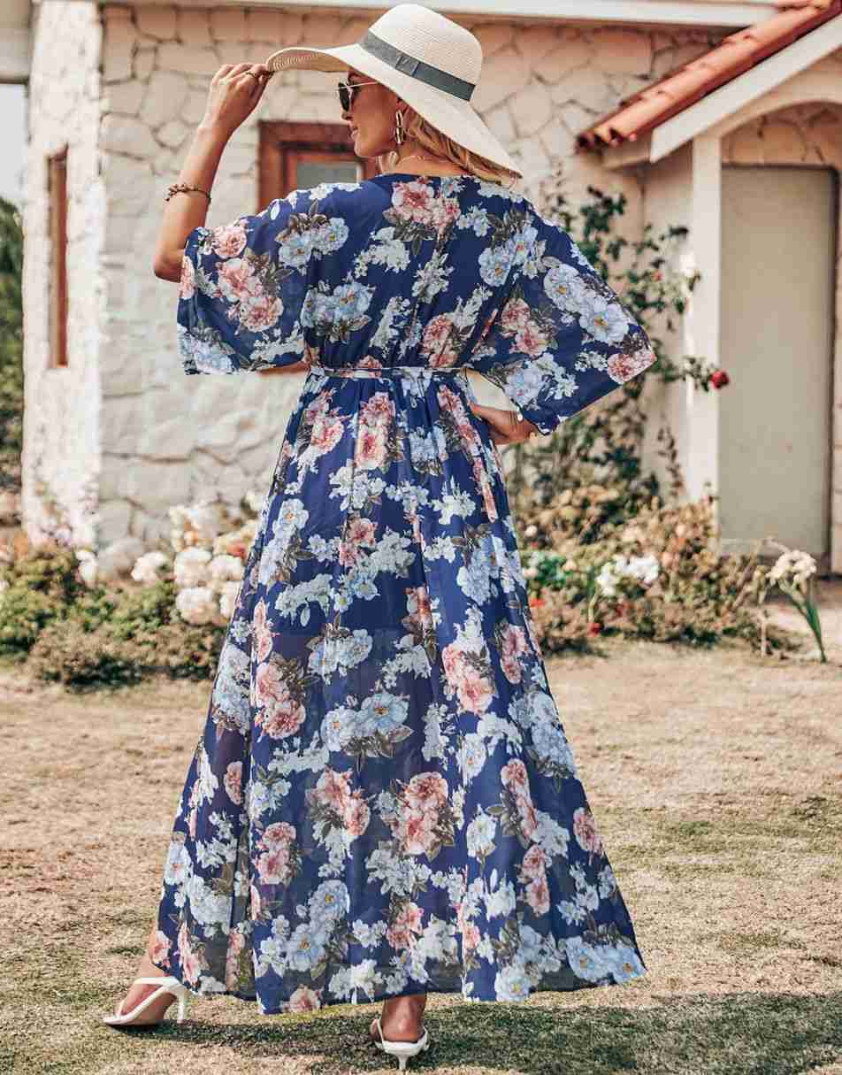 ANRABESS Floral Print Kimono Wrap V-Neck Long Dress