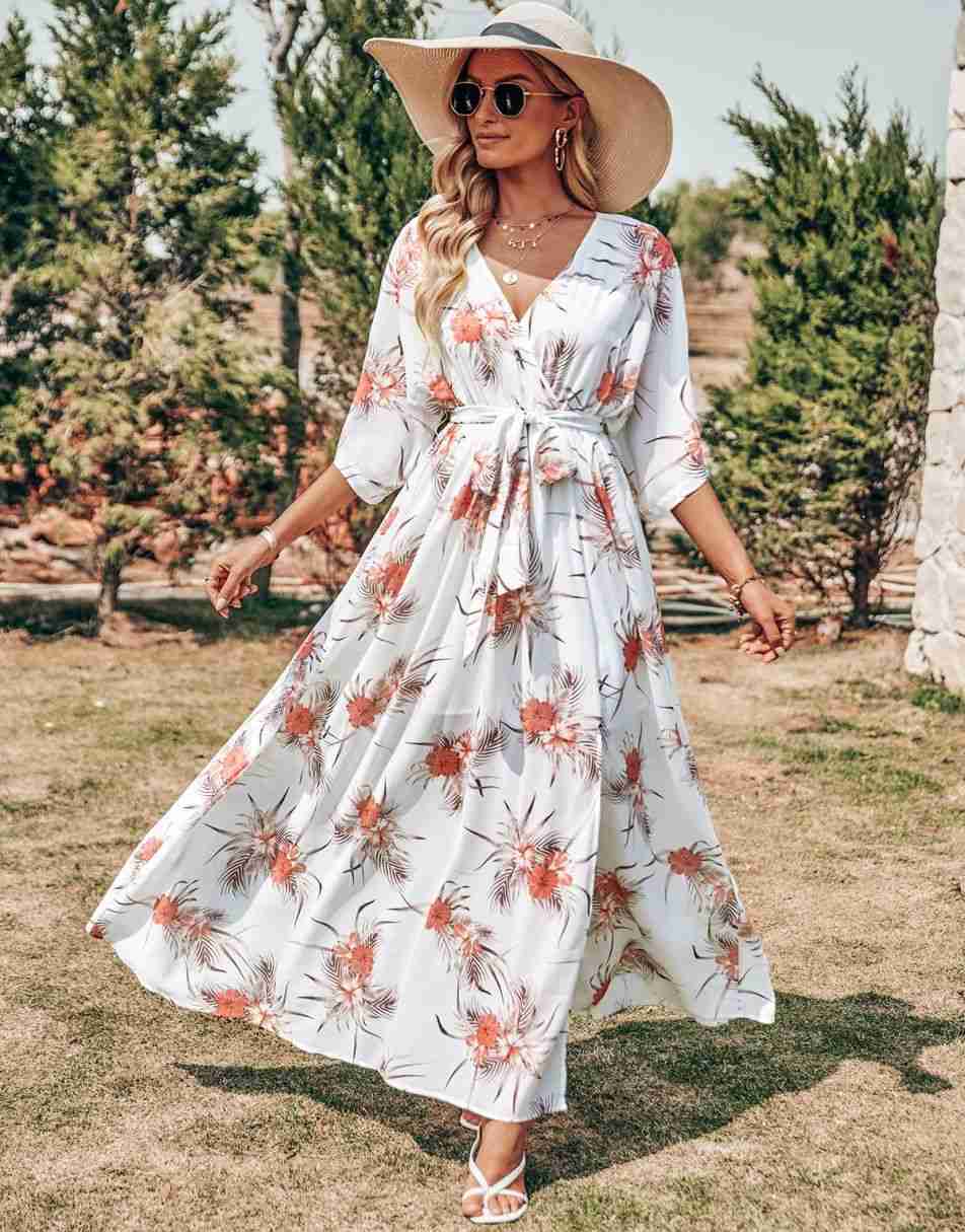 ANRABESS Floral Print Kimono Wrap V-Neck Long Dress
