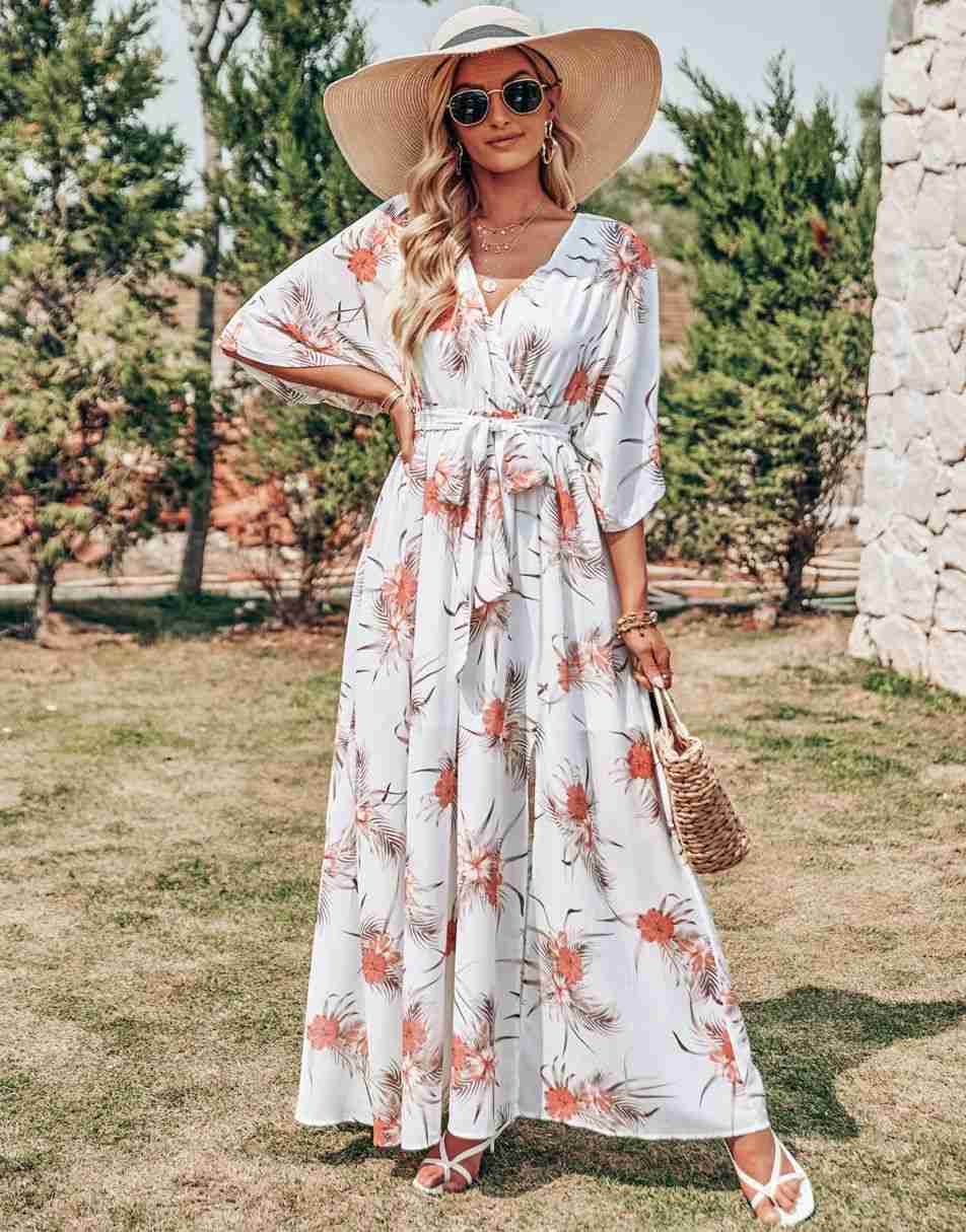 ANRABESS Floral Print Kimono Wrap V-Neck Long Dress