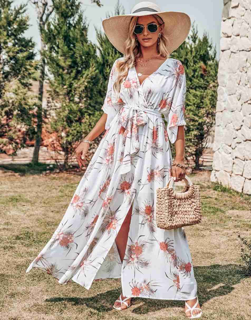 ANRABESS Floral Print Kimono Wrap V-Neck Long Dress
