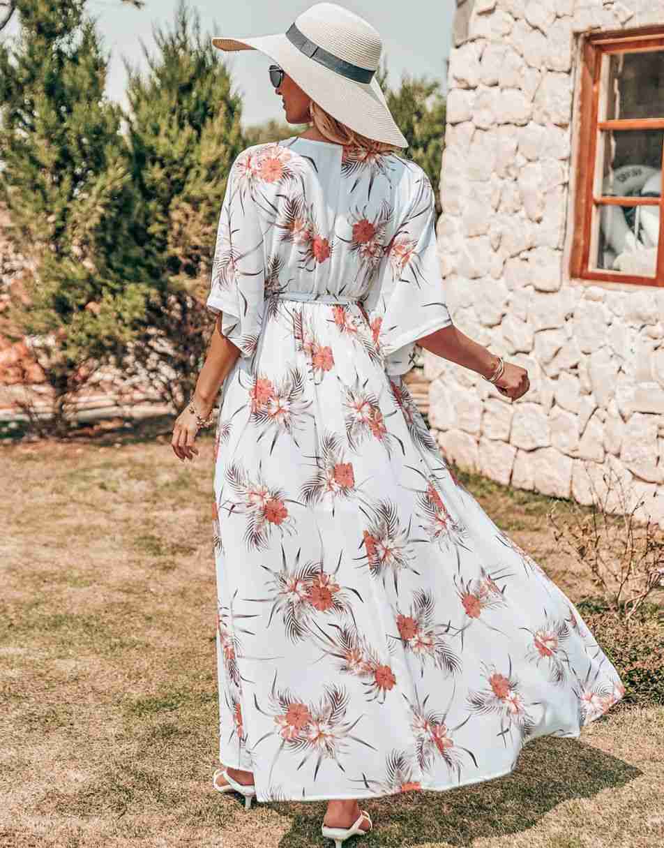 ANRABESS Floral Print Kimono Wrap V-Neck Long Dress