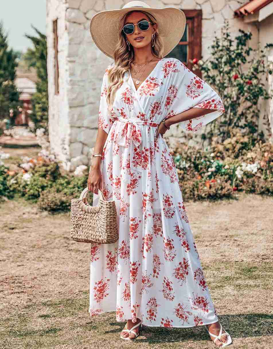 ANRABESS Floral Print Kimono Wrap V-Neck Long Dress