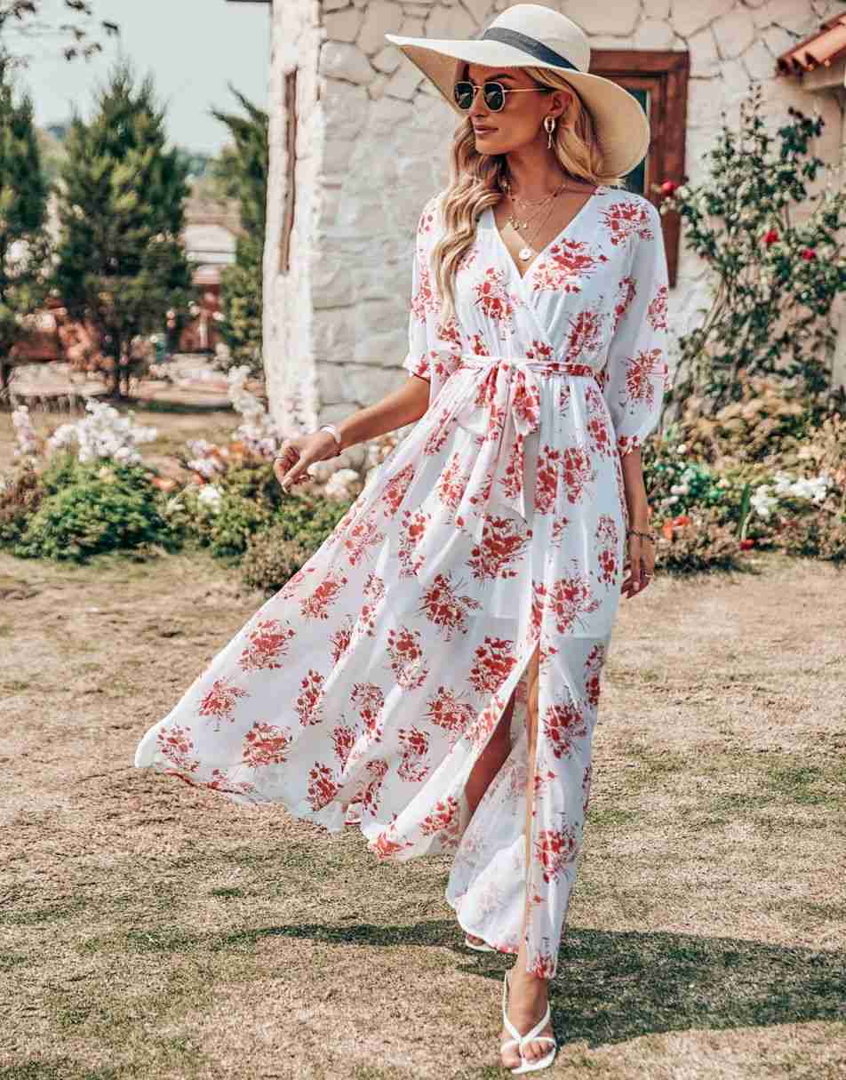ANRABESS Floral Print Kimono Wrap V-Neck Long Dress