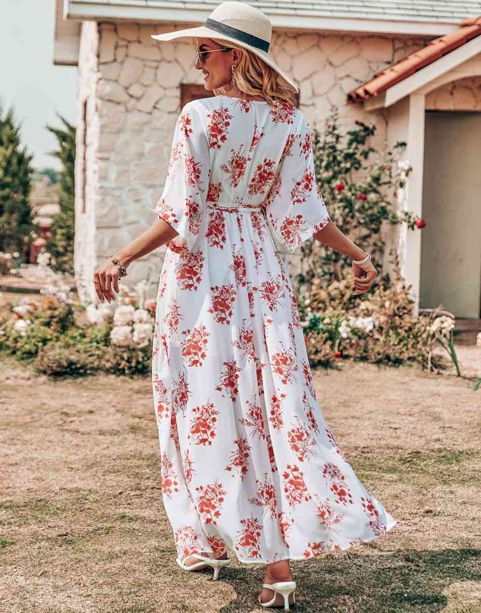 ANRABESS Floral Print Kimono Wrap V-Neck Long Dress