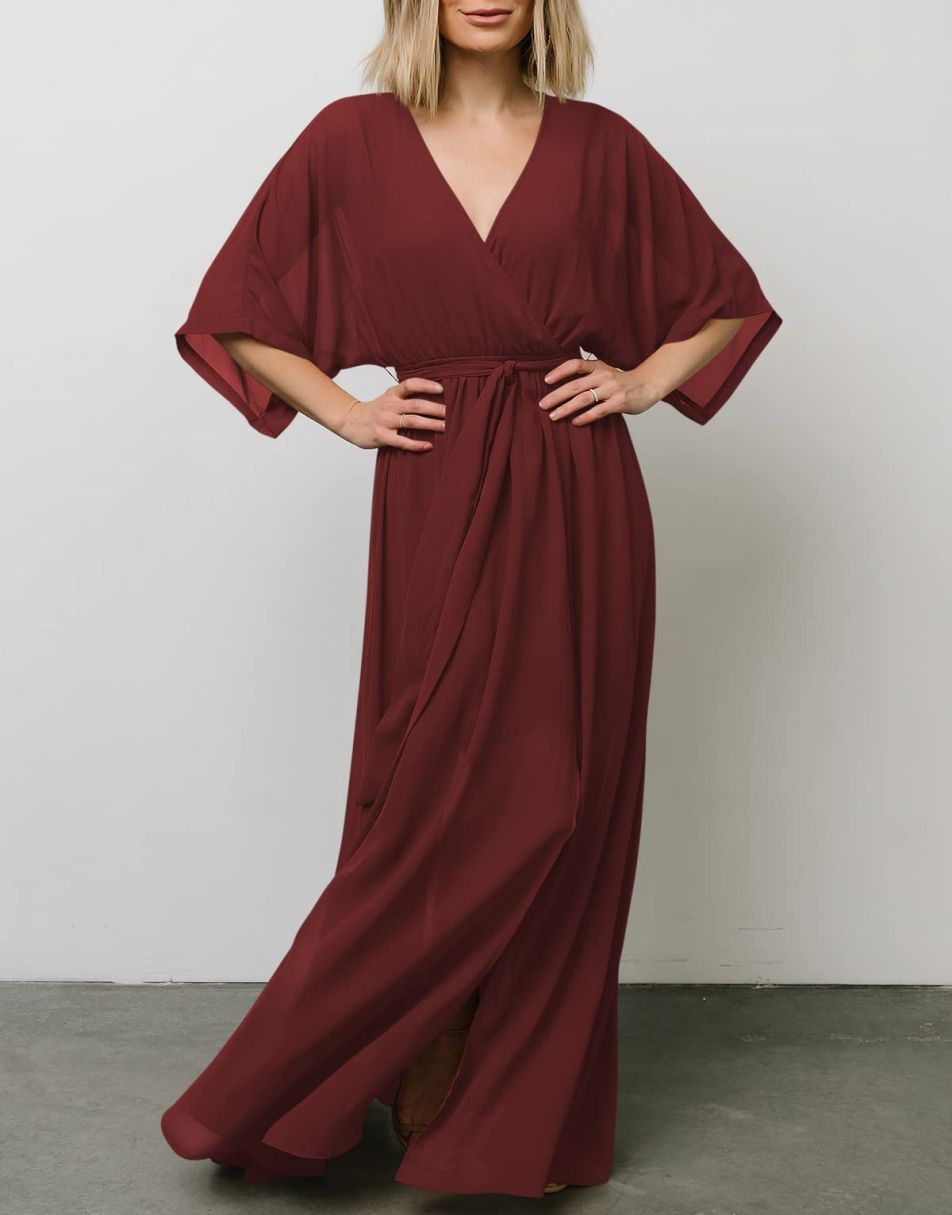 ANRABESS Floral Print Kimono Wrap V-Neck Long Dress