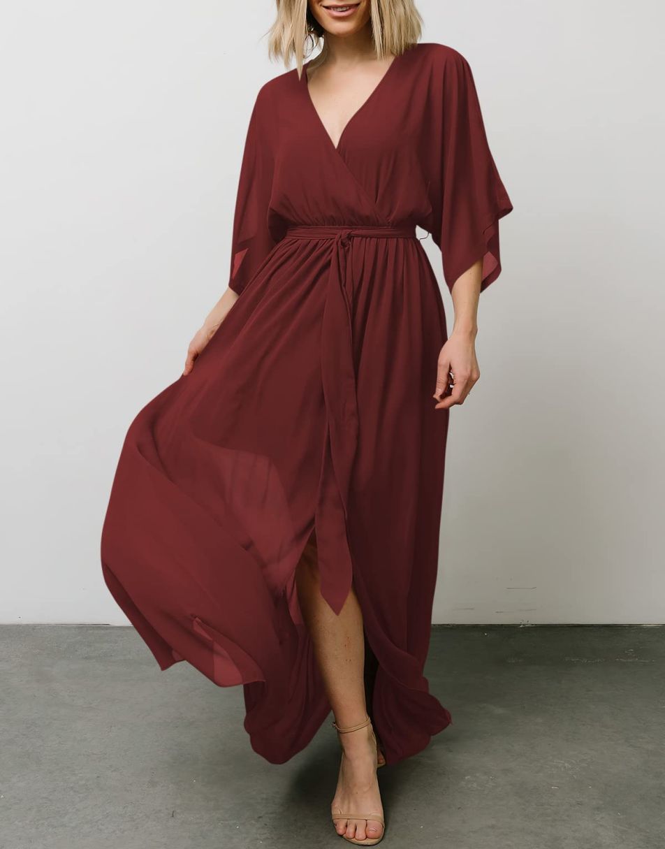 ANRABESS Floral Print Kimono Wrap V-Neck Long Dress