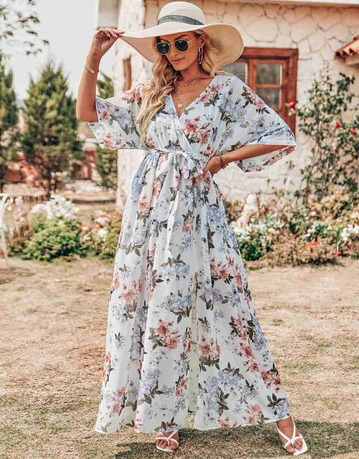 ANRABESS Floral Print Kimono Wrap V-Neck Long Dress