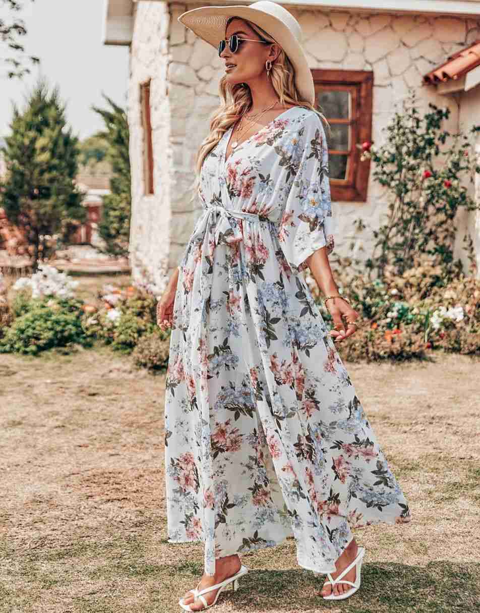 ANRABESS Floral Print Kimono Wrap V-Neck Long Dress