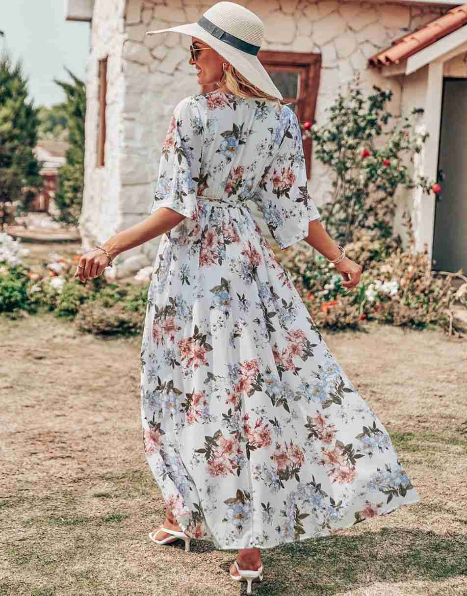 ANRABESS Floral Print Kimono Wrap V-Neck Long Dress