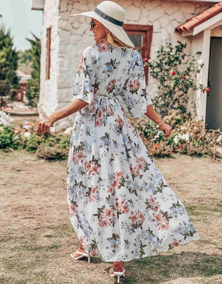 ANRABESS Floral Print Kimono Wrap V-Neck Long Dress