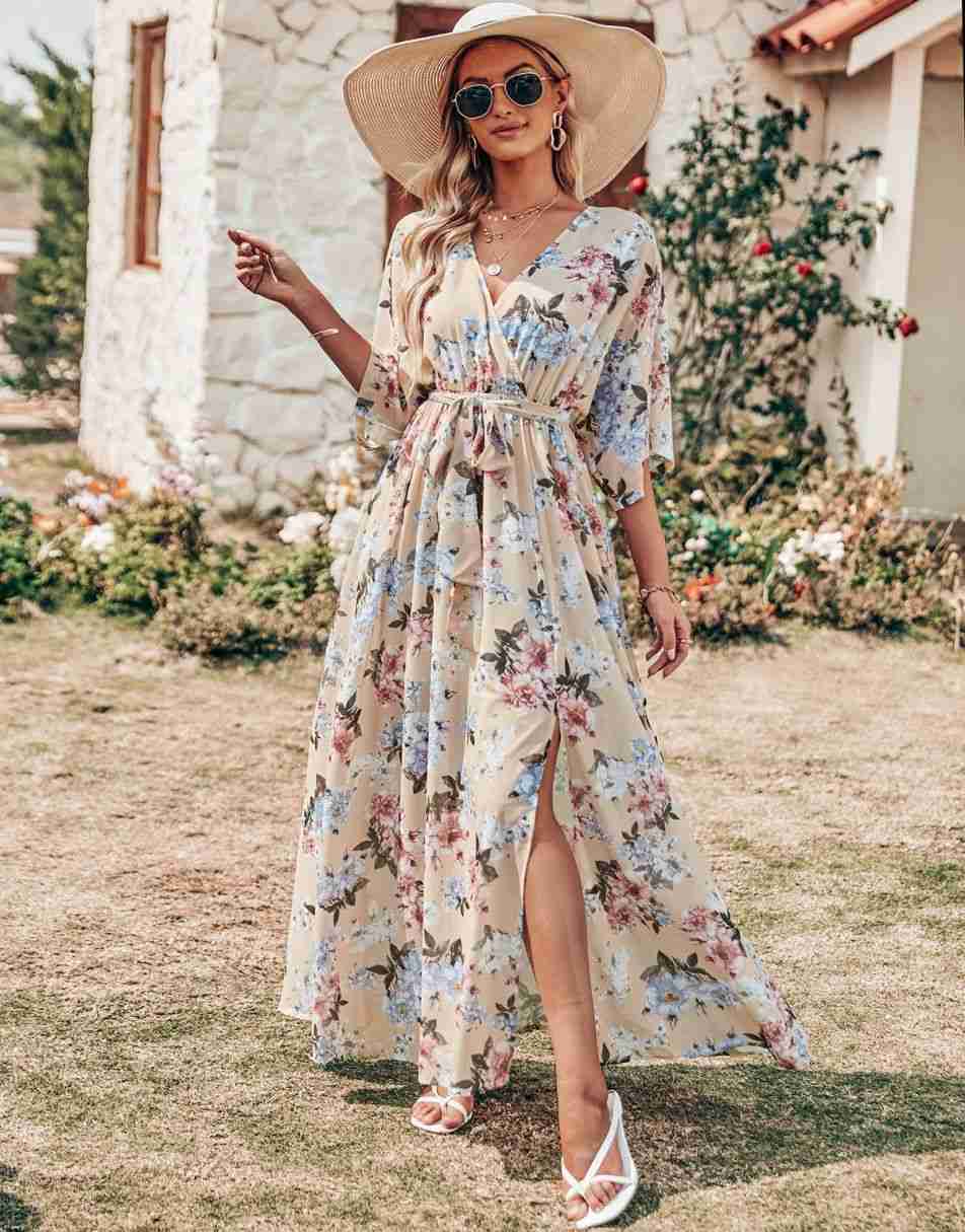 ANRABESS Floral Print Kimono Wrap V-Neck Long Dress
