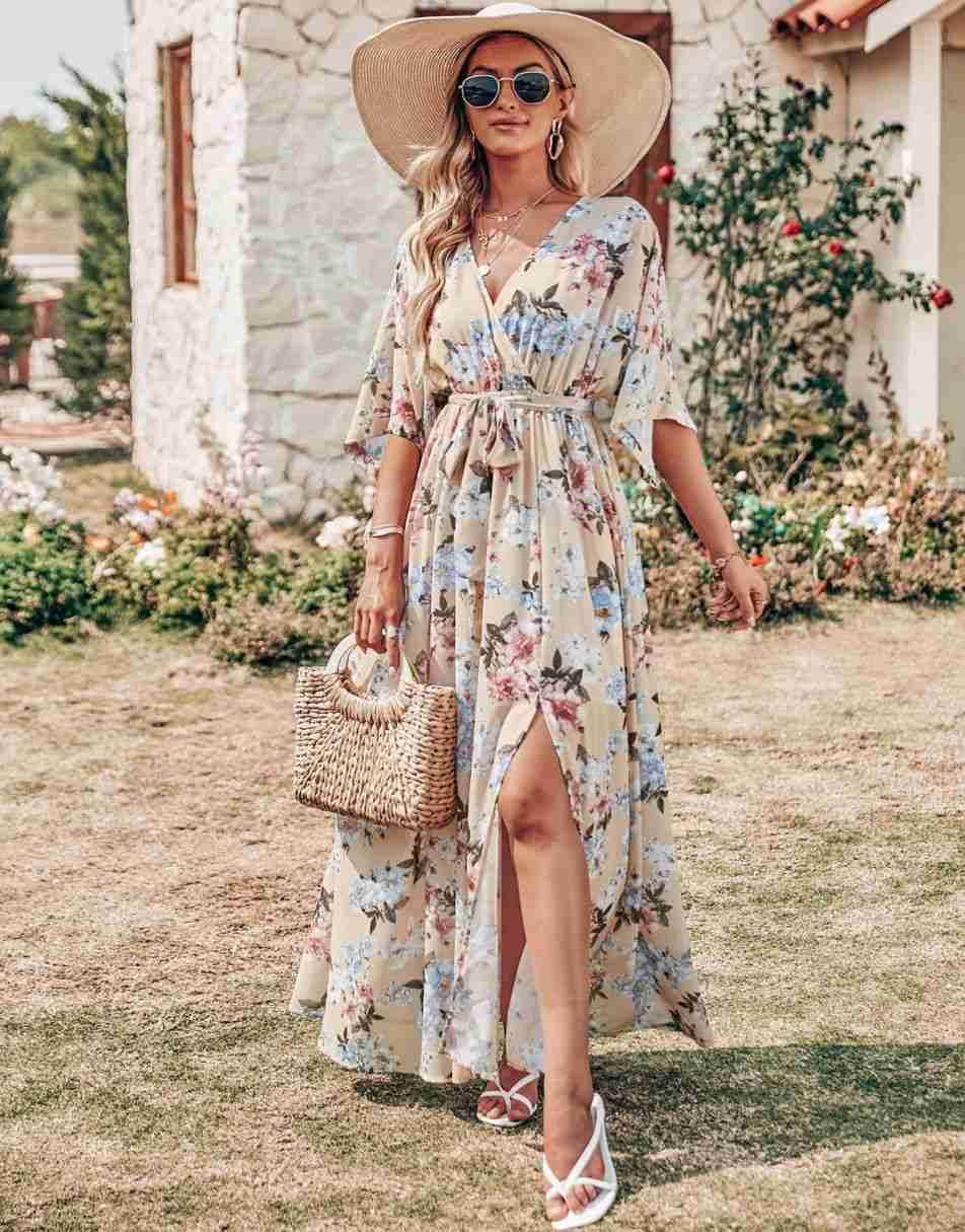 ANRABESS Floral Print Kimono Wrap V-Neck Long Dress