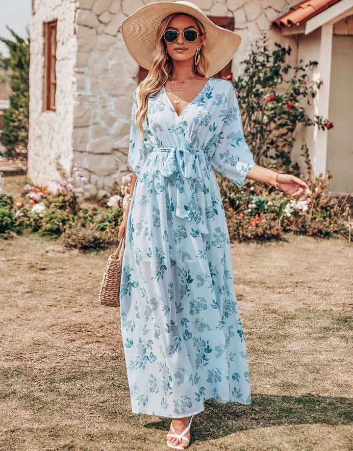 ANRABESS Floral Print Kimono Wrap V-Neck Long Dress