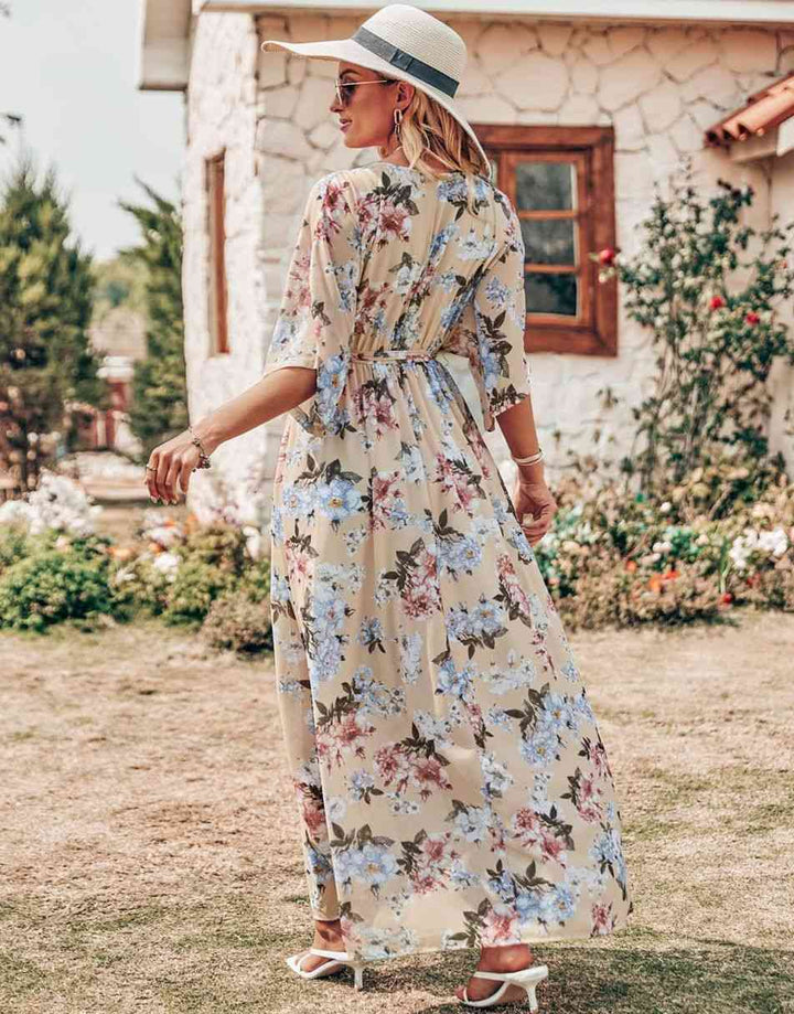 ANRABESS Floral Print Kimono Wrap V-Neck Long Dress